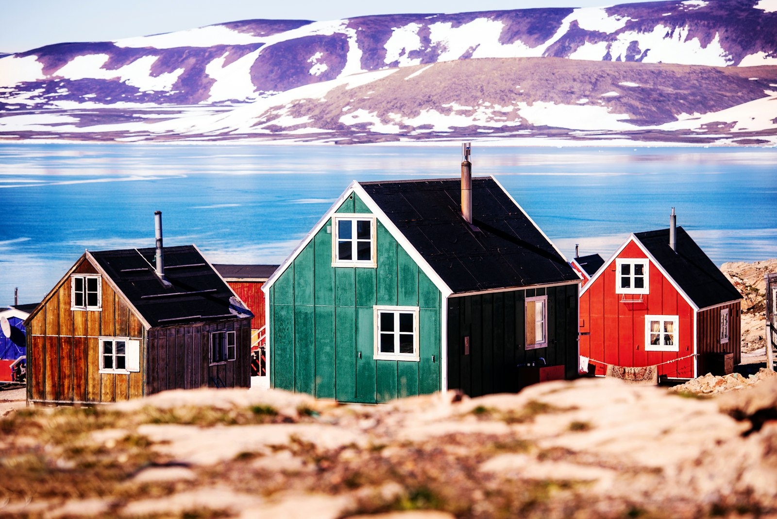 Colorful red and green wooden houses above a fjord with snow-capped mountains